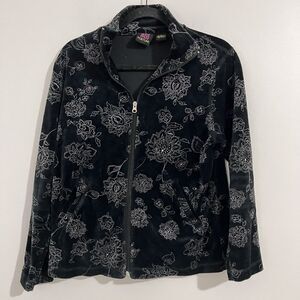 Good Fortune Black Velour Full Zip Floral Hoodie Size S Y2K Retro Streetwear Art
